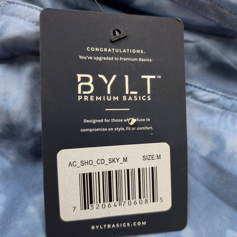 NEW BYLT Premium Basics Active Short Mens Medium Blue Tie Dye Sky Cloud Print